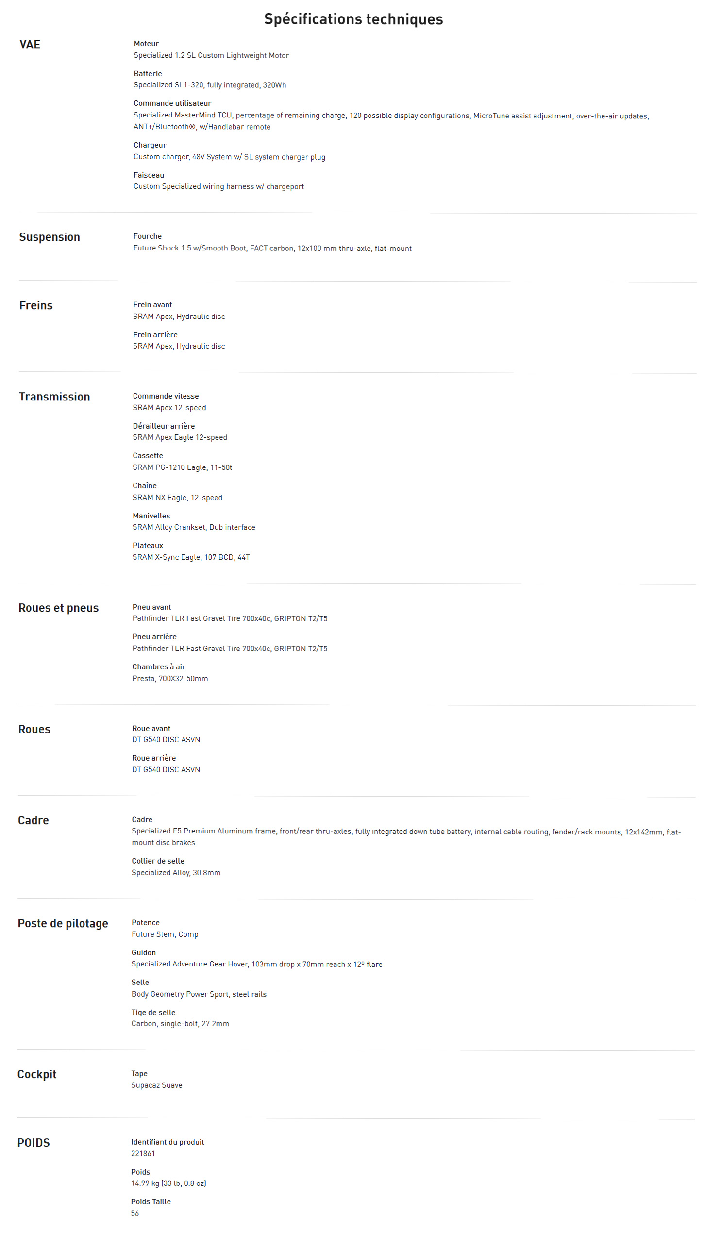 Caractéristique technique du vélo électrique Turbo Creo 2 Comp E5 année 2026